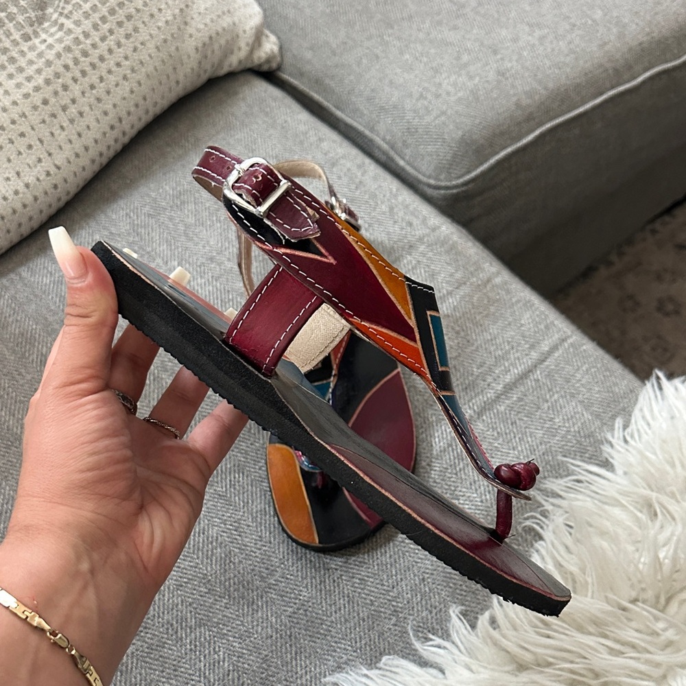 Genuine Tooled Leather Multicolor Geometric Women's Sandals - Picture 5 of 9